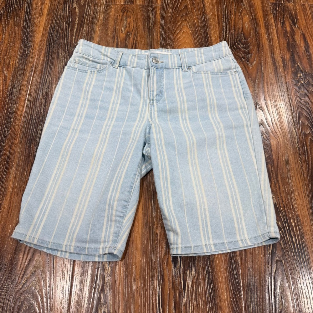 Vintage America 6/28 Boho Bermuda Shorts Womens Light Blue White Striped Denim